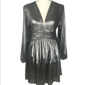 Zara Cocktail Holiday Dress XS Silver Metallic Party Short Vneck Long Sleeve